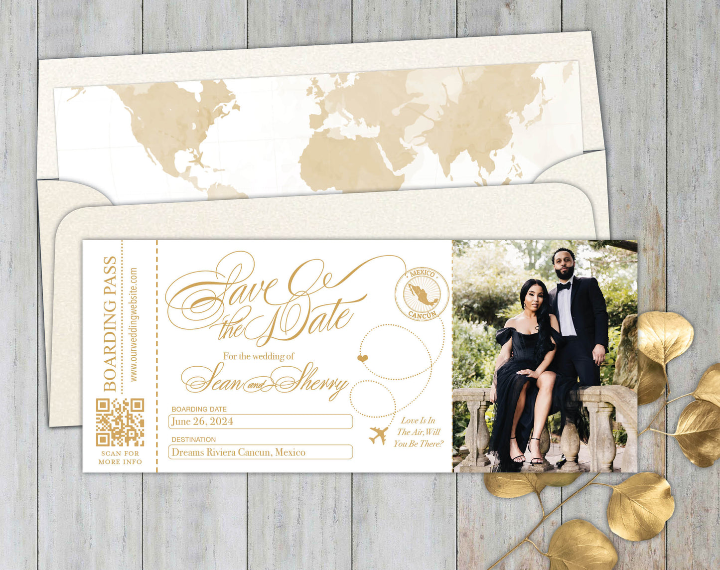 Fancy Script Boarding Pass Save the Date