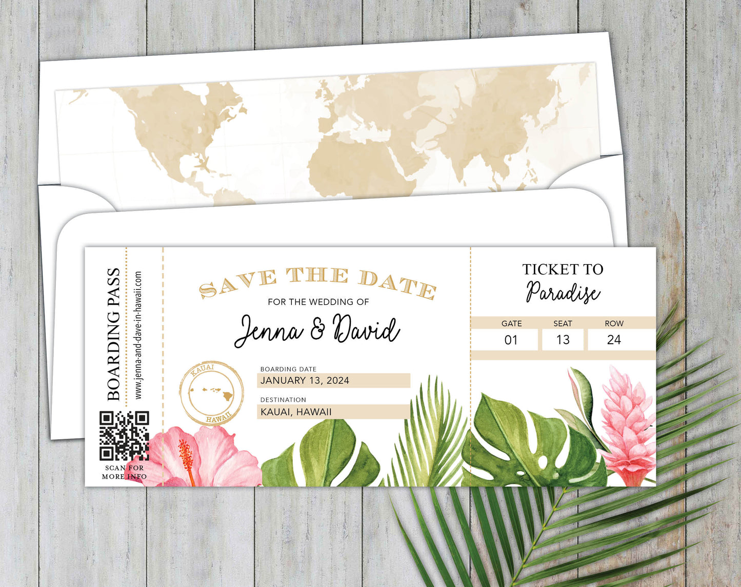 Tropical Florals Boarding Pass Save the Date