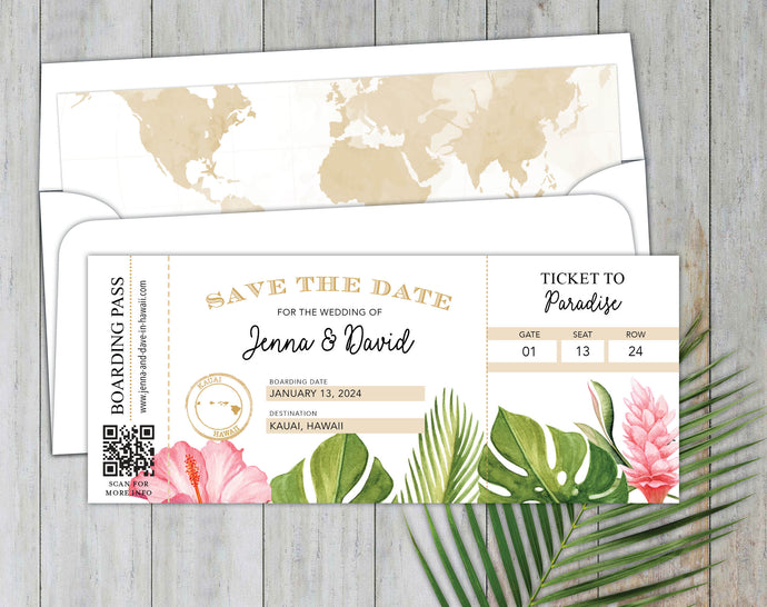 Tropical Florals Boarding Pass Save the Date
